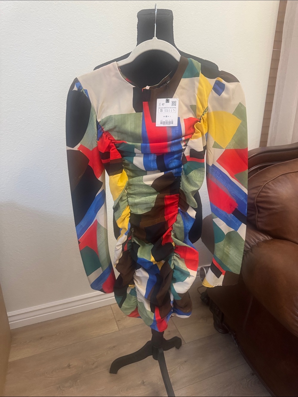 Zara Multicolor Abstract Ruched Long Sleeve Dress